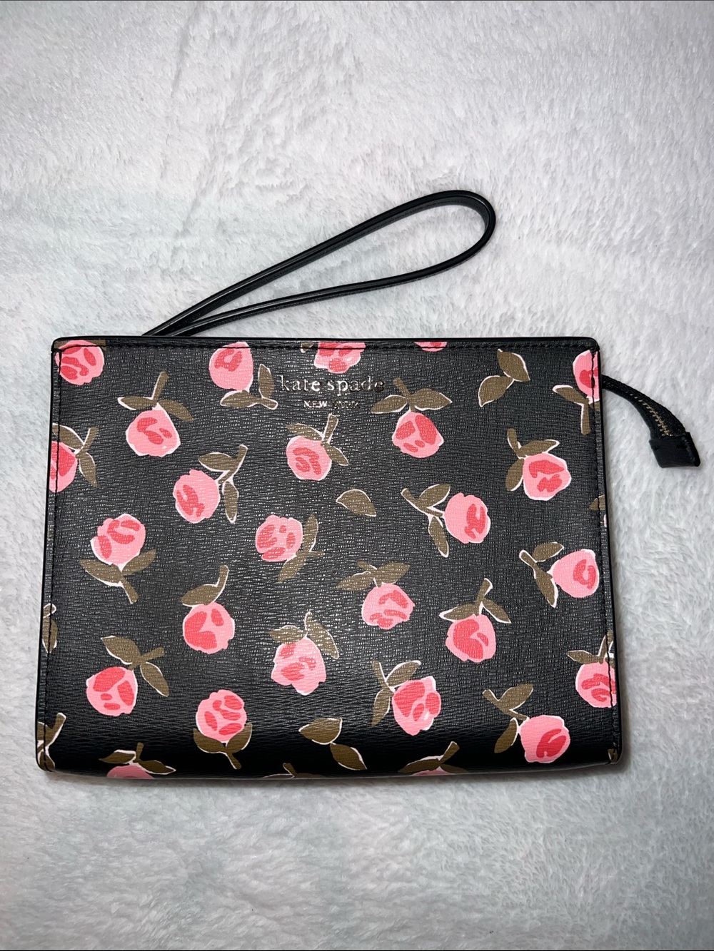 kate spade Black Wristlet with Ditsy Rose Pink Floral Print